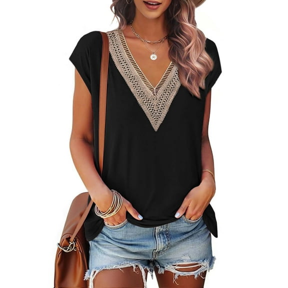 Fantaslook Lace Womens Blouses Cap Sleeve V Neck T Shirts for Women Summer Casual Tops
