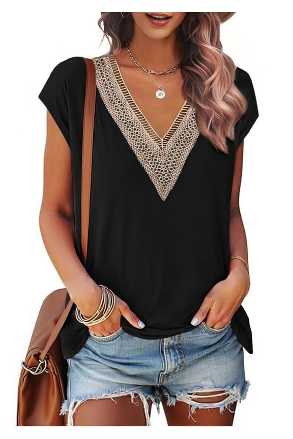 Lace Womens Blouses Cap Sleeve V Neck T Shirts for Women Summer Casual Tops