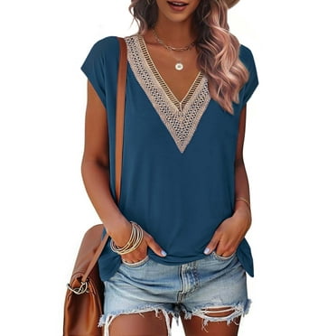 Fantaslook Lace Womens Blouses Cap Sleeve V Neck T Shirts for Women Summer Casual Tops