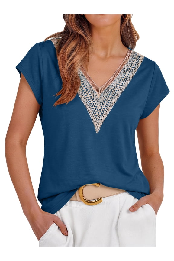 Lace Womens Blouses Cap Sleeve V Neck T Shirts for Women Summer Casual Tops