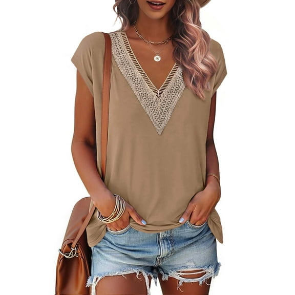 Fantaslook Lace Womens Blouses Cap Sleeve V Neck T Shirts for Women Summer Casual Tops