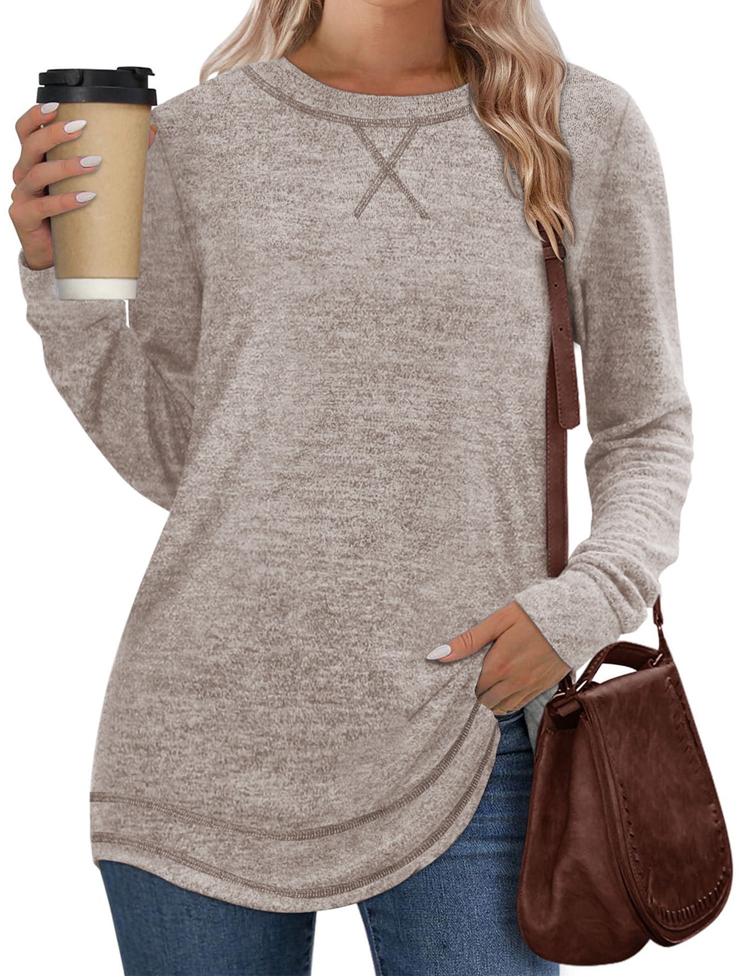 Lightweight Sweatshirts for Women Long Sleeve Crew Neck Tops Casual Curved Hem Shirts