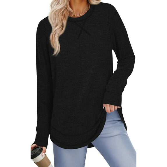 Fantaslook Lightweight Sweatshirts for Women Long Sleeve Crew Neck Tops Casual Curved Hem Shirts