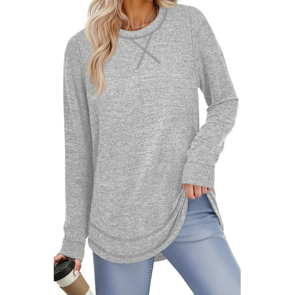 Fantaslook Lightweight Sweatshirts for Women Long Sleeve Crew Neck Tops Casual Curved Hem Shirts