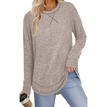 Fantaslook Lightweight Sweatshirts for Women Long Sleeve Crew Neck Tops Casual Curved Hem Shirts