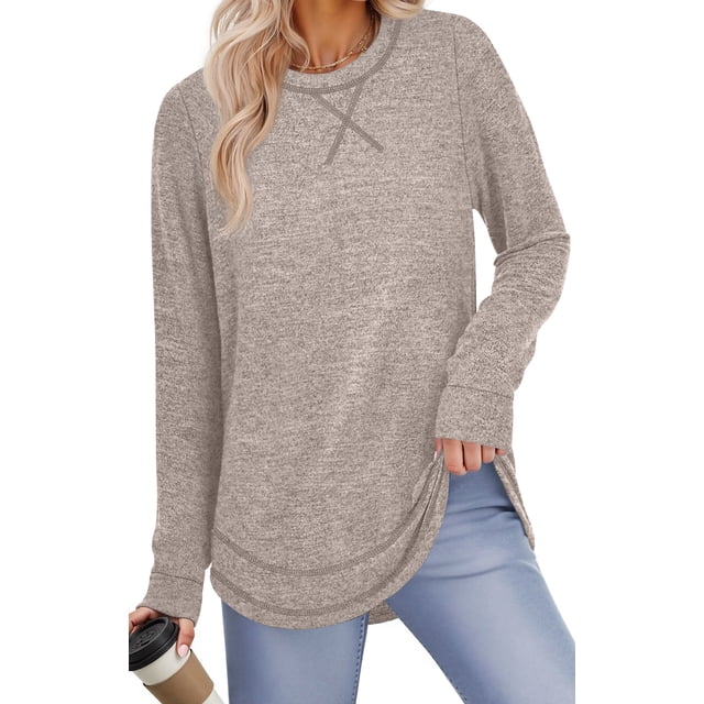 Fantaslook Lightweight Sweatshirts for Women Long Sleeve Crew Neck Tops Casual Curved Hem Shirts