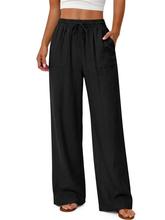 Linen Wide Leg Pants for Women Flowy Palazzo Drawstring Elastic Waist Trousers with Pockets Summer Beach Vacation Clothes