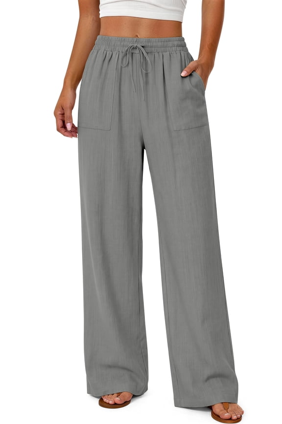 Linen Wide Leg Pants for Women Flowy Palazzo Drawstring Elastic Waist Trousers with Pockets Summer Beach Vacation Clothes