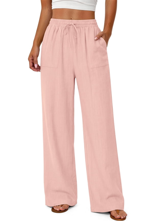 Linen Wide Leg Pants for Women Flowy Palazzo Drawstring Elastic Waist Trousers with Pockets Summer Beach Vacation Clothes
