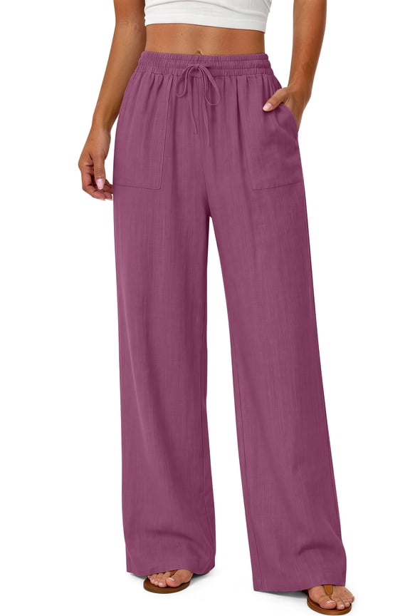 Linen Wide Leg Pants for Women Flowy Palazzo Drawstring Elastic Waist Trousers with Pockets Summer Beach Vacation Clothes