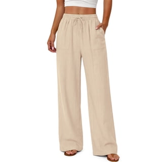 Fantaslook Linen Wide Leg Pants for Women Flowy Palazzo Drawstring Elastic Waist Trousers with Pockets Summer Beach Vacation Clothes