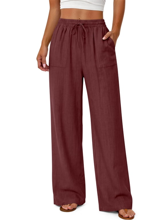 Linen Wide Leg Pants for Women Flowy Palazzo Drawstring Elastic Waist Trousers with Pockets Summer Beach Vacation Clothes