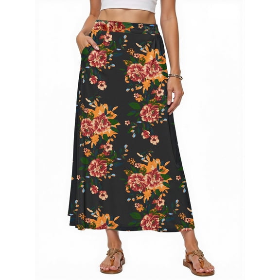 Fantaslook Long Skirts for women Boho Casual Maxi Skirt Trendy Elastic Waist Flowy Skirts with Pockets