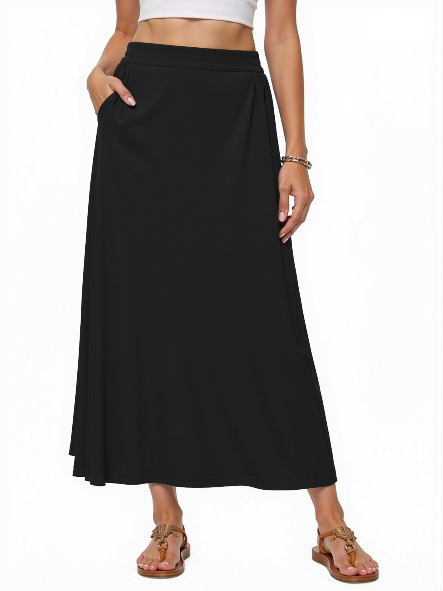 Fantaslook Long Skirts for women Boho Casual Maxi Skirt Trendy Elastic Waist Flowy Skirts with Pockets
