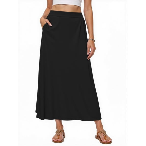 Fantaslook Long Skirts for women Boho Casual Maxi Skirt Trendy Elastic Waist Flowy Skirts with Pockets