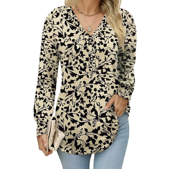 Fantaslook Long Sleeve Blouses for Women V Neck Button Casual Tops Tunic Henley T Shirts