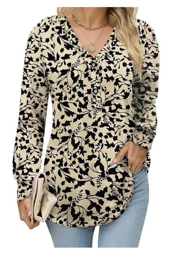 Long Sleeve Blouses for Women V Neck Button Casual Tops Tunic Henley T Shirts