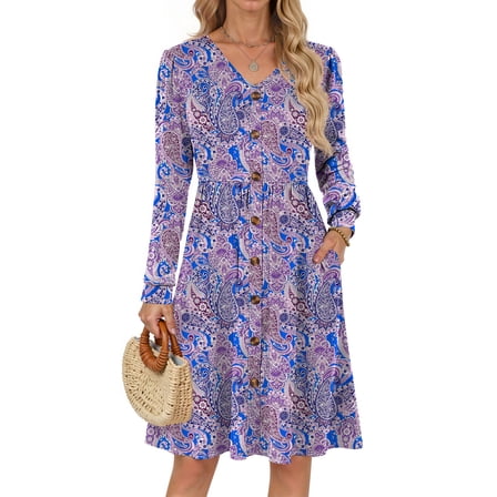 Fantaslook Long Sleeve Dresses for Women V Neck Casual Fall Dress Button Floral Midi Dresses with Pockets