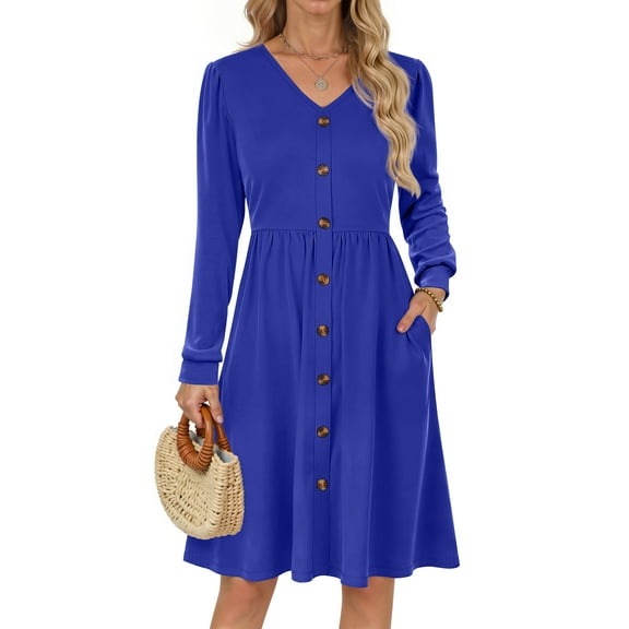 Fantaslook Long Sleeve Dresses for Women V Neck Casual Fall Dress Button Floral Midi Dresses with Pockets