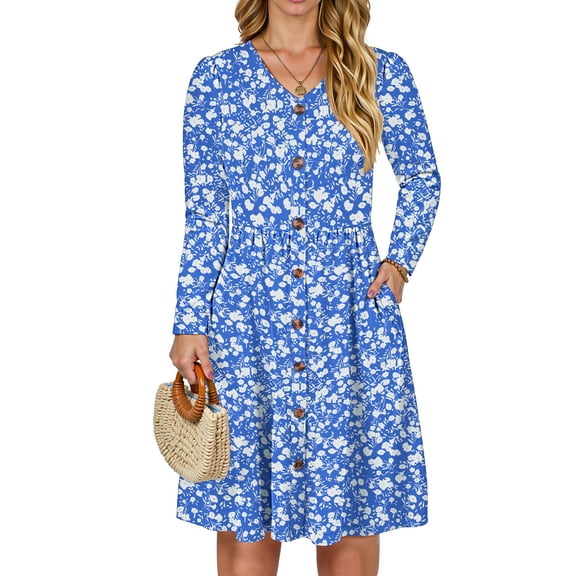 Fantaslook Long Sleeve Dresses for Women V Neck Casual Fall Dress Button Floral Midi Dresses with Pockets