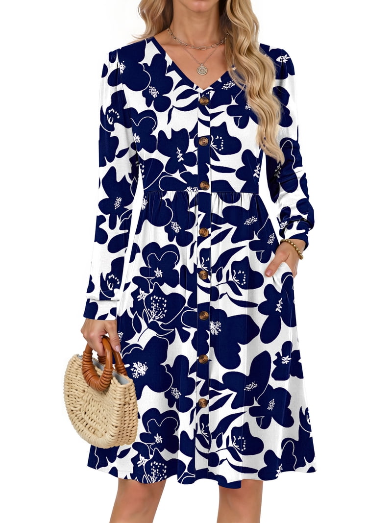 Fantaslook Long Sleeve Dresses for Women V Neck Casual Fall Dress Button Floral Midi Dresses with Pockets