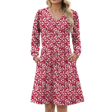 Fantaslook Long Sleeve Dresses for Women V Neck Casual Fall Dress Button Floral Midi Dresses with Pockets