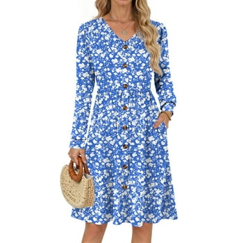Fantaslook Long Sleeve Dresses for Women V Neck Casual Fall Dress Button Floral Midi Dresses with Pockets