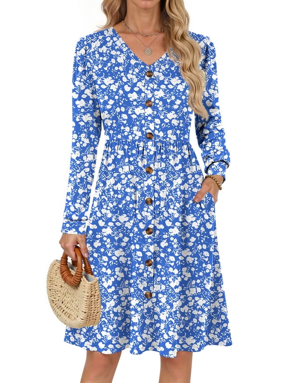 Long Sleeve Dresses for Women V Neck Casual Fall Dress Button Floral Midi Dresses with Pockets