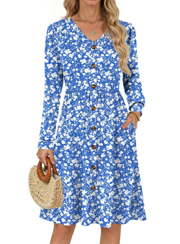 Long Sleeve Dresses for Women V Neck Casual Fall Dress Button Floral Midi Dresses with Pockets