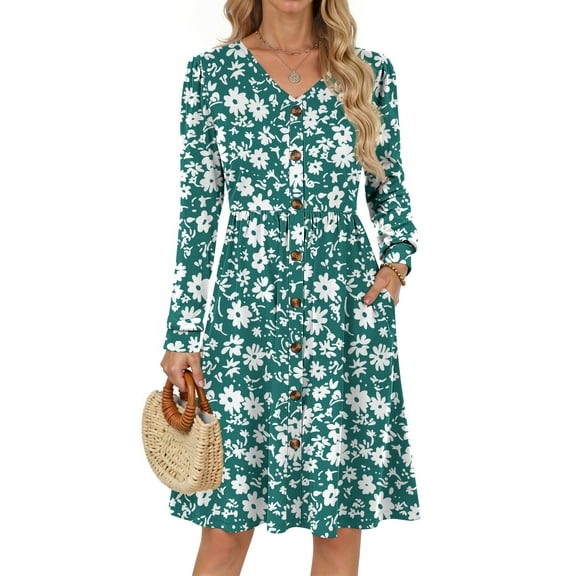 Fantaslook Long Sleeve Dresses for Women V Neck Casual Fall Dress Button Floral Midi Dresses with Pockets
