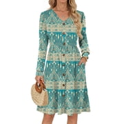 Fantaslook Long Sleeve Dresses for Women V Neck Casual Fall Dress Button Floral Midi Dresses with Pockets
