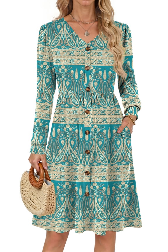Long Sleeve Dresses for Women V Neck Casual Fall Dress Button Floral Midi Dresses with Pockets