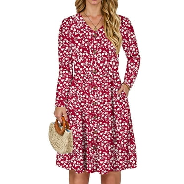 Fantaslook Long Sleeve Dresses for Women V Neck Casual Fall Dress Button Floral Midi Dresses with Pockets
