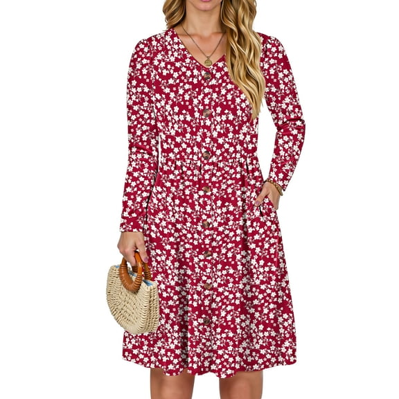 Fantaslook Long Sleeve Dresses for Women V Neck Casual Fall Dress Button Floral Midi Dresses with Pockets