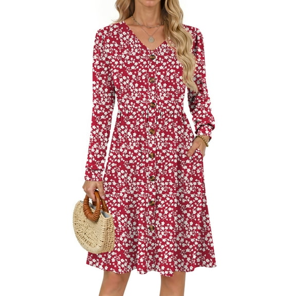 Fantaslook Long Sleeve Dresses for Women V Neck Casual Fall Dress Button Floral Midi Dresses with Pockets