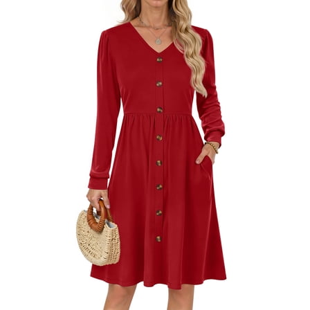 Fantaslook Long Sleeve Dresses for Women V Neck Casual Fall Dress Button Floral Midi Dresses with Pockets