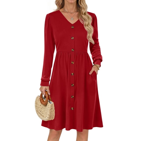 Fantaslook Long Sleeve Dresses for Women V Neck Casual Fall Dress Button Floral Midi Dresses with Pockets