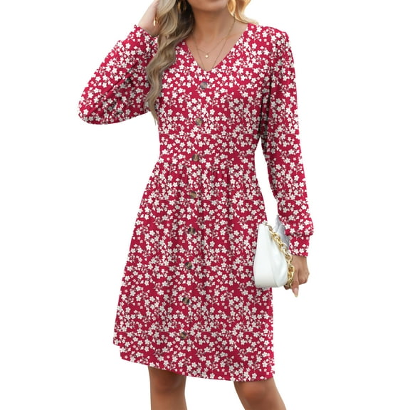 Fantaslook Long Sleeve Dresses for Women V Neck Casual Fall Dress Button Floral Midi Dresses with Pockets