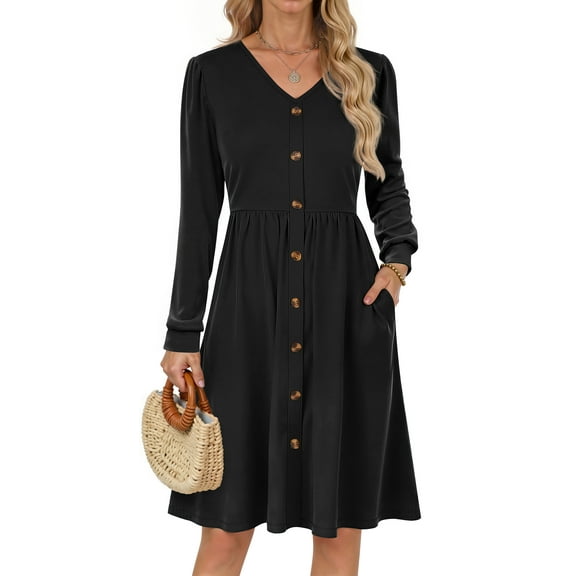 Fantaslook Long Sleeve Dresses for Women V Neck Casual Fall Dress Button Floral Midi Dresses with Pockets
