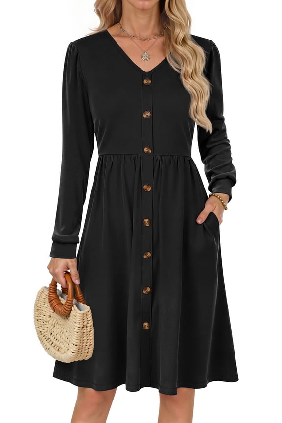 Long Sleeve Dresses for Women V Neck Casual Fall Dress Button Floral Midi Dresses with Pockets