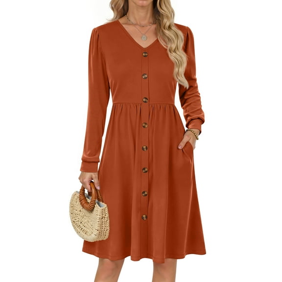 Fantaslook Long Sleeve Dresses for Women V Neck Casual Fall Dress Button Floral Midi Dresses with Pockets