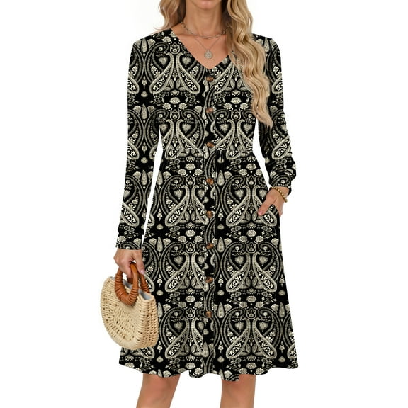 Fantaslook Long Sleeve Dresses for Women V Neck Casual Fall Dress Button Floral Midi Dresses with Pockets