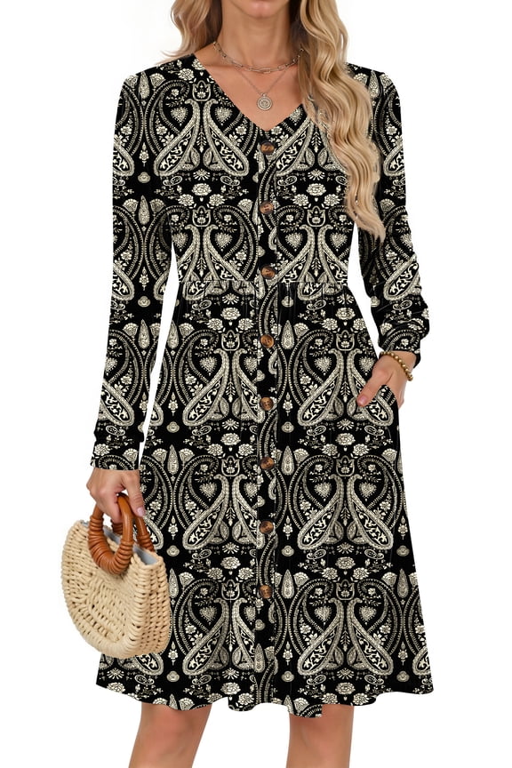 Long Sleeve Dresses for Women V Neck Casual Fall Dress Button Floral Midi Dresses with Pockets