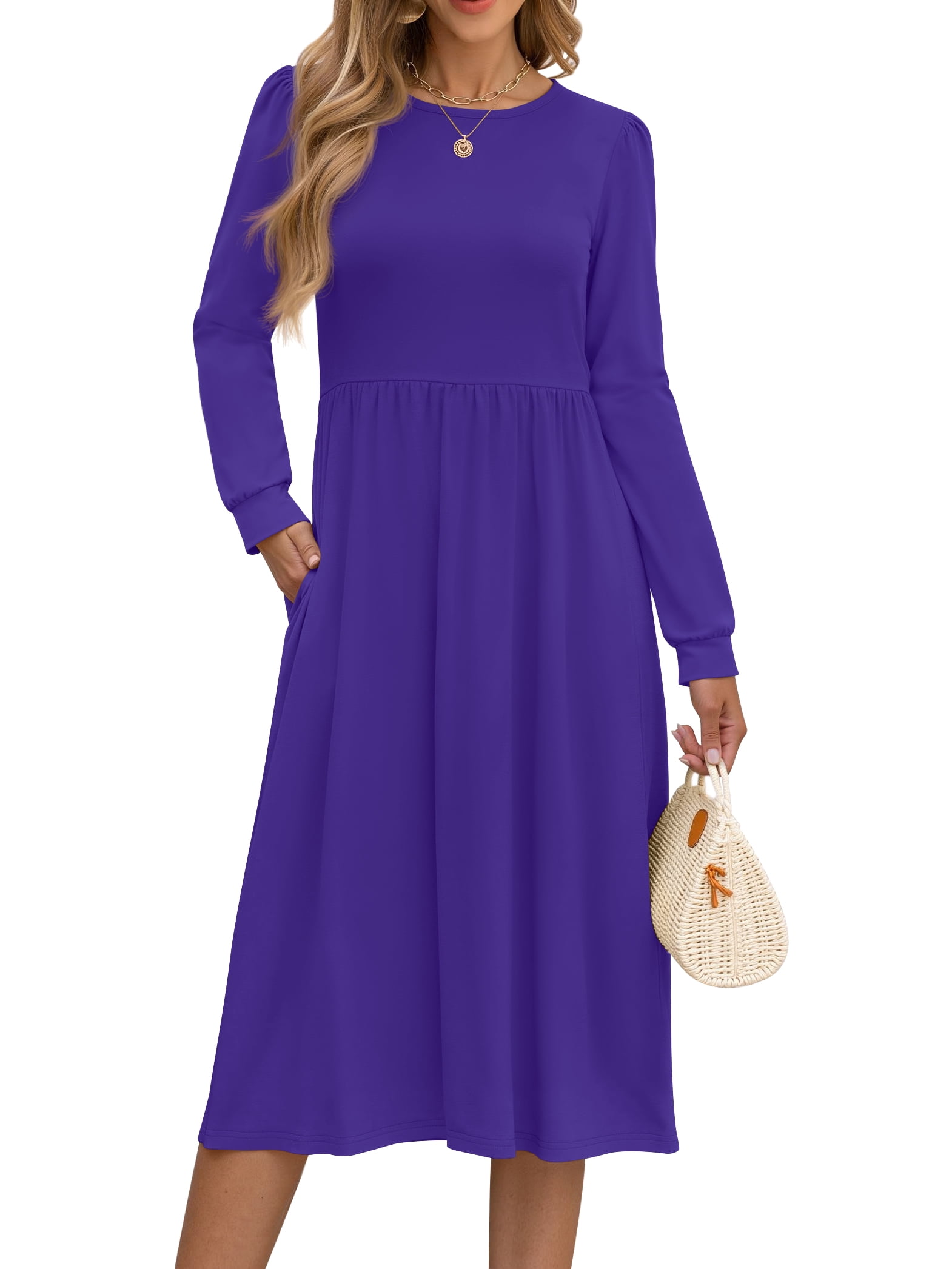 Long Sleeve Midi Dresses for Women Casual Floral Dress Flowy Fall Dresses with Pockets