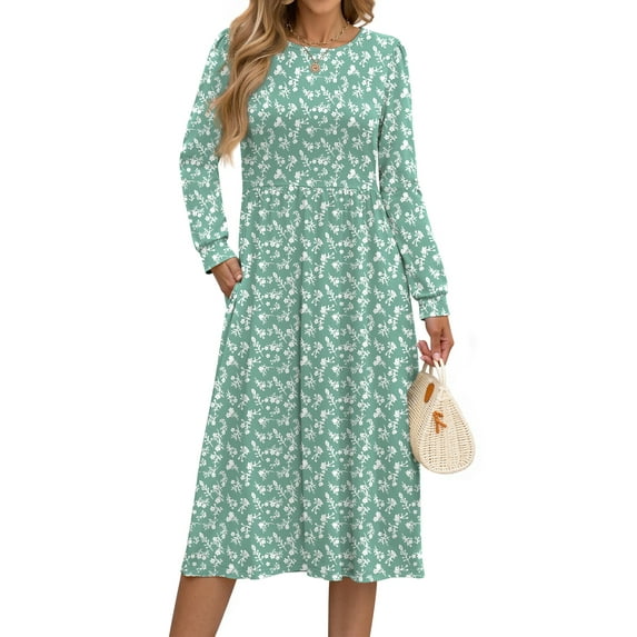 Fantaslook Long Sleeve Midi Dresses for Women Casual Floral Dress Flowy Fall Dresses with Pockets