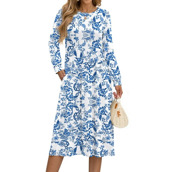 Fantaslook Long Sleeve Midi Dresses for Women Casual Floral Dress Flowy Fall Dresses with Pockets
