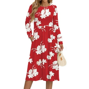 Fantaslook Long Sleeve Midi Dresses for Women Casual Floral Dress Flowy Fall Dresses with Pockets