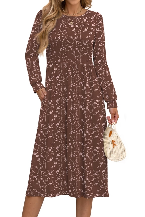 Long Sleeve Midi Dresses for Women Casual Floral Dress Flowy Fall Dresses with Pockets