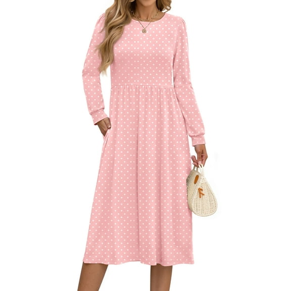Fantaslook Long Sleeve Midi Dresses for Women Casual Floral Dress Flowy Fall Dresses with Pockets