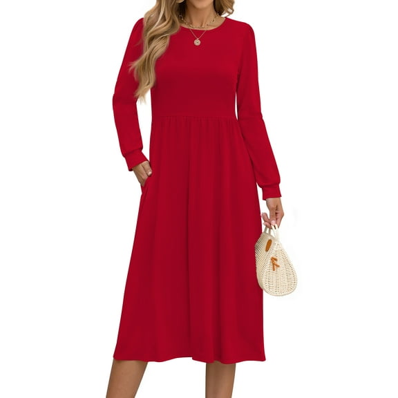 Fantaslook Long Sleeve Midi Dresses for Women Casual Floral Dress Flowy Fall Dresses with Pockets